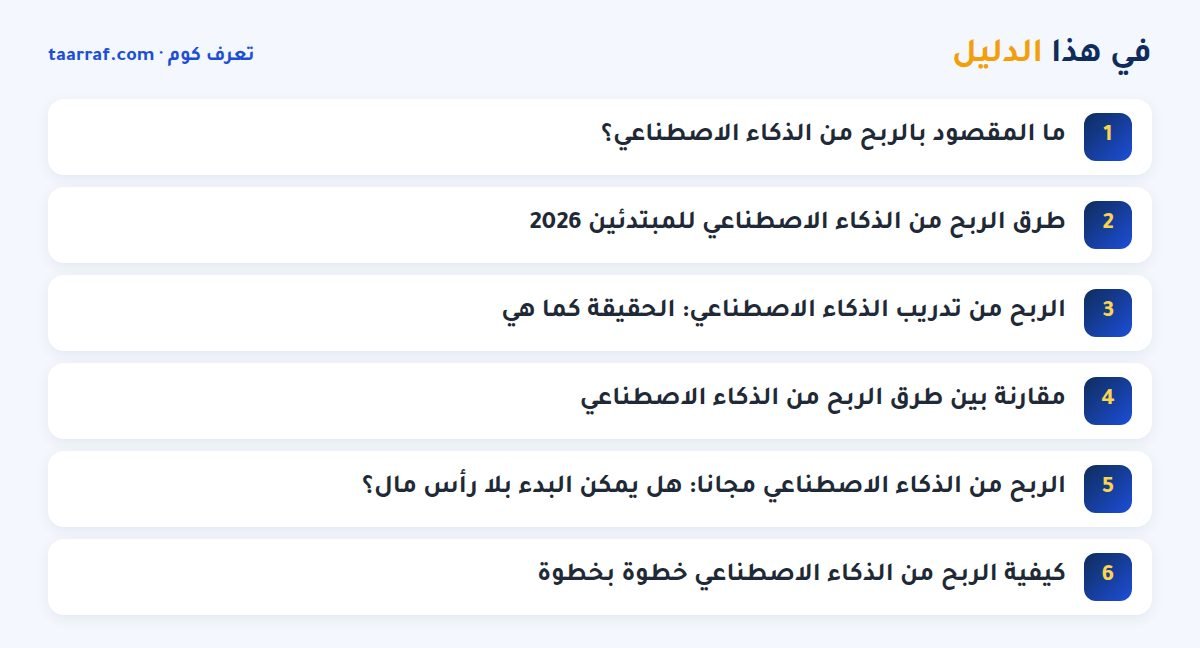 في هذا الدليل: الربح من الذكاء الاصطناعي 2026: 8 طرق واقعية للمبتدئين